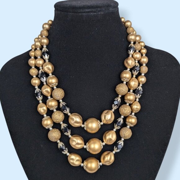 V. 3-Strand Gold & Black Beaded Statement Necklace - Picture 1 of 5